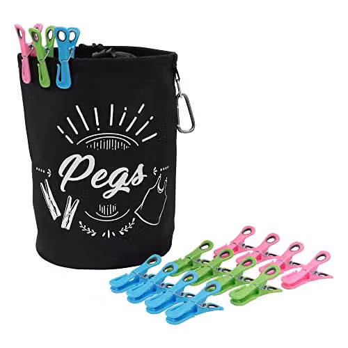 JVL Large Peg Bag with 144 Prism Clip Pegs with Hooks, Multicolour