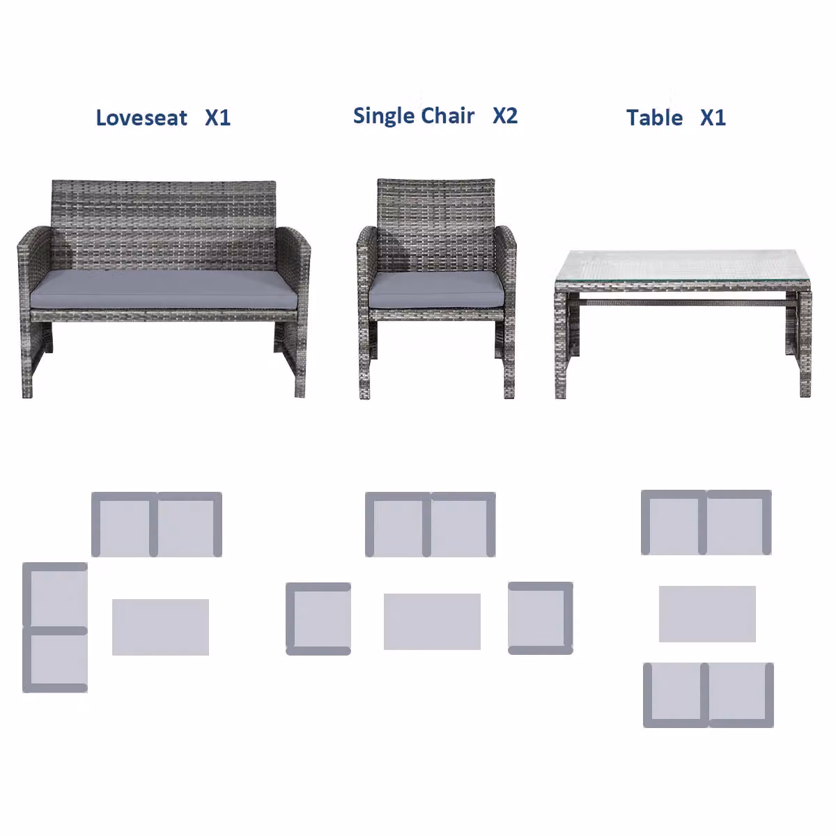Gymax 4 Piece Grey PE Rattan Outdoor Sofa Set with Glass Coffee Table and Cushions – 2