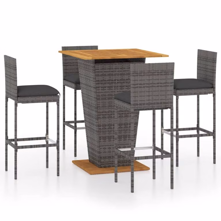 Berkfield Home 5 Piece Grey Poly Rattan Garden Bar Set with Cushions and Acacia Wood
