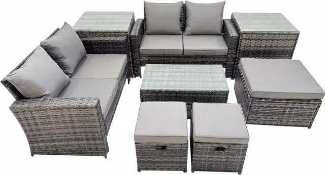 Fimous 7-Seater U-Shape Rattan Garden Sofa Set with Coffee Table and Ottoman in Grey