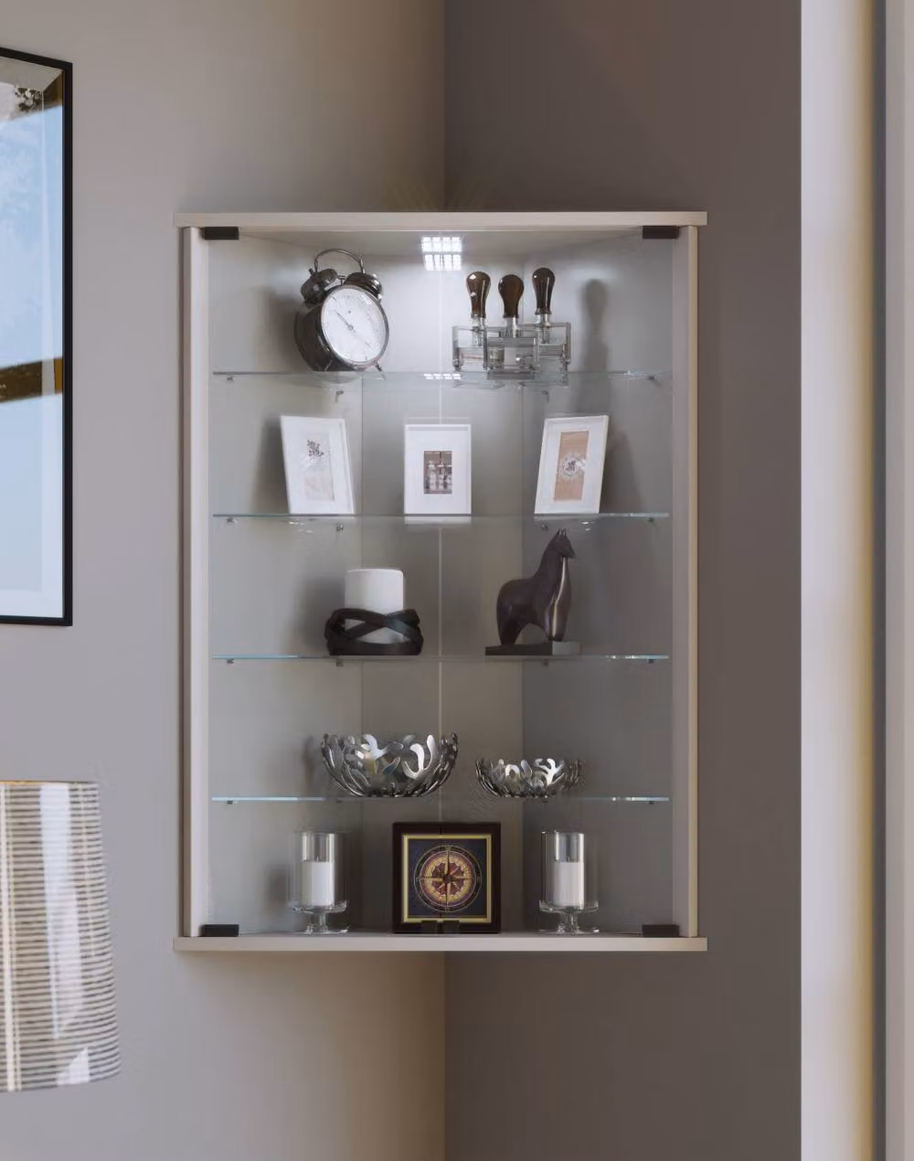 VCM Vecko White Wall Mounted Corner Display Cabinet with Glass Doors – 3