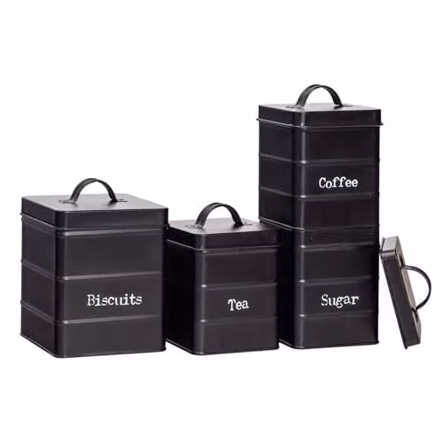 Harbour Housewares 4pc Metal Kitchen Canister Set in Black and Grey with Airtight Lids