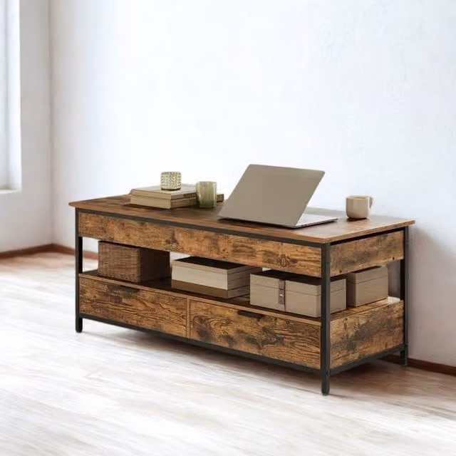Pirlo Plush Industrial Lift Top Coffee Table with Drawers in Rustic Brown and Black