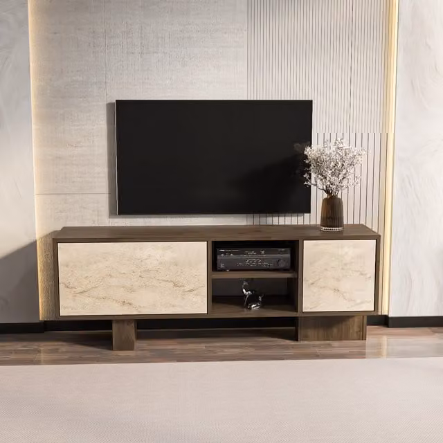 Decorotika Monaco Modern Walnut and Travertine TV Unit, W: 150 cm, D: 35 cm, H: 54 cm