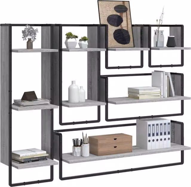 Berkfield Home 6 Piece Grey Sonoma Engineered Wood Wall Shelf Set with Hanging Rods