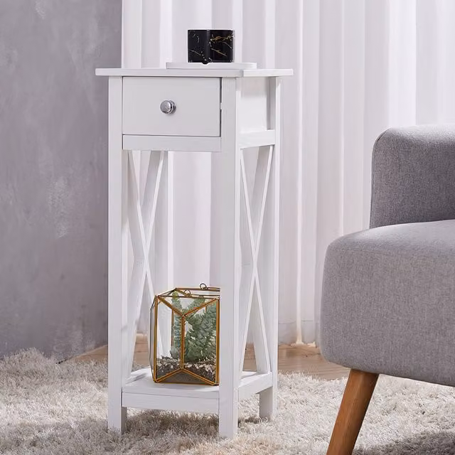 Livingandhome Narrow Carved Bedside Table with Drawer in White