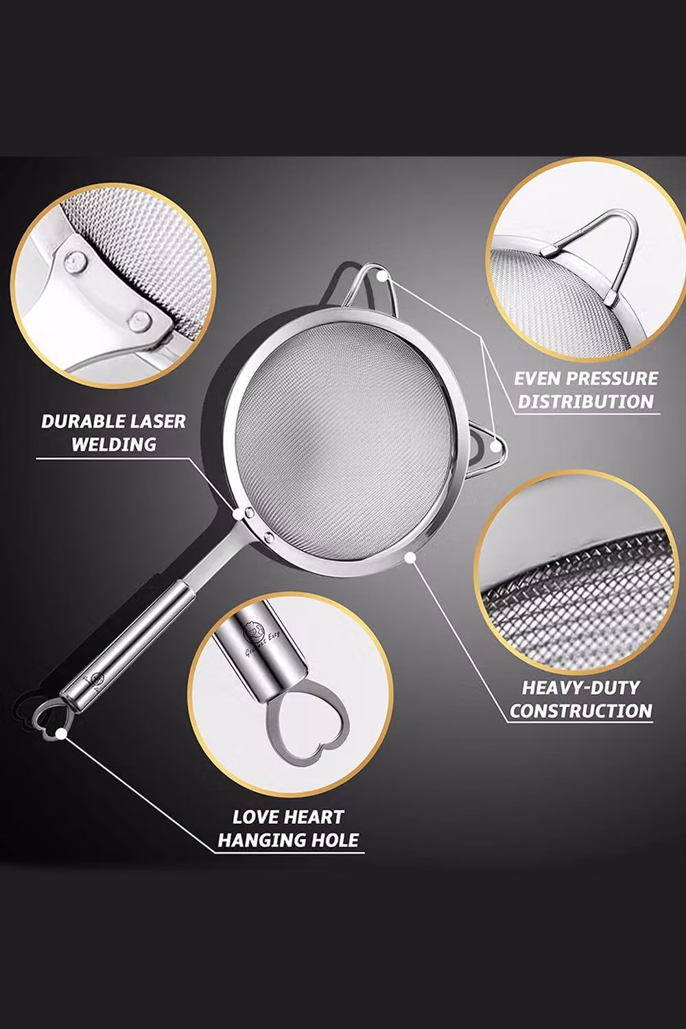 Gourmet Easy Set of 2 Silver Stainless Steel Fine Mesh Sieves with Handles – 3