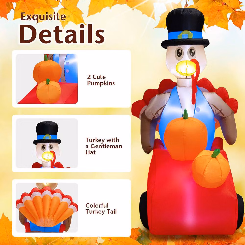 Costway 6ft Multicolour Inflatable Thanksgiving Turkey with Pumpkin Cart and Lights – 8