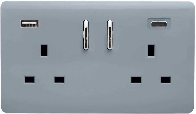 Trendi 2 Gang 13 Amp USB Switch Plug Socket with Type A and C Ports, Cool Grey