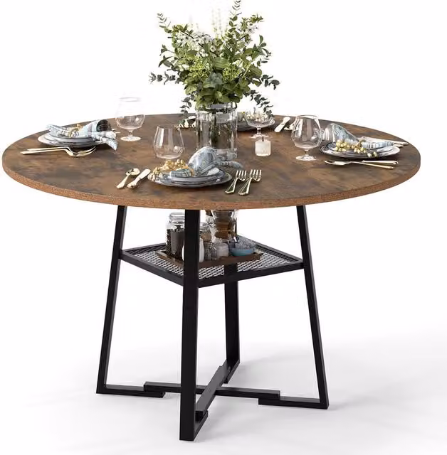 Gymax Industrial Round Dining Table in Brown with Rubberwood Top and Metal Legs, Diameter: 120 cm – 1