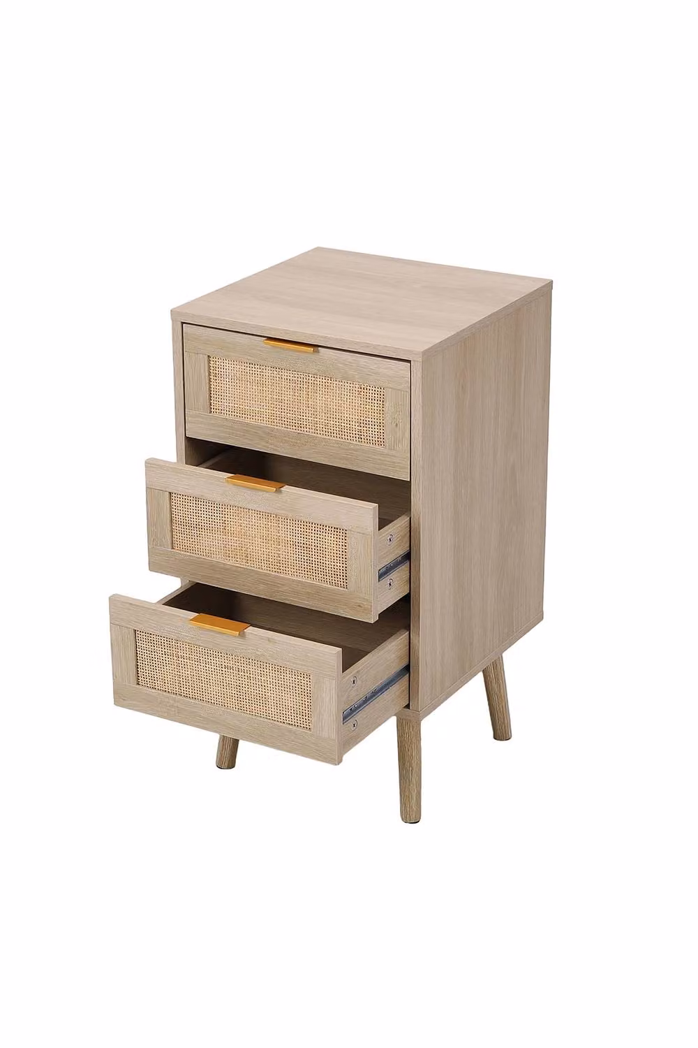 Garden Sanctuary Three-Drawer Bedside Table in Natural Wood, Rattan and Gold – 2