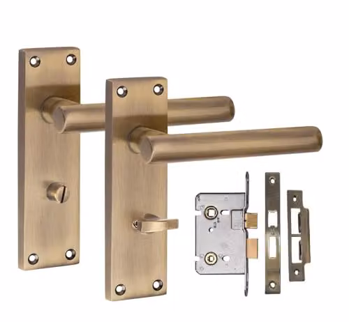 Golden Grace Victorian Straight T-Bar Bathroom Handles with Long Backplate in Antique Brass