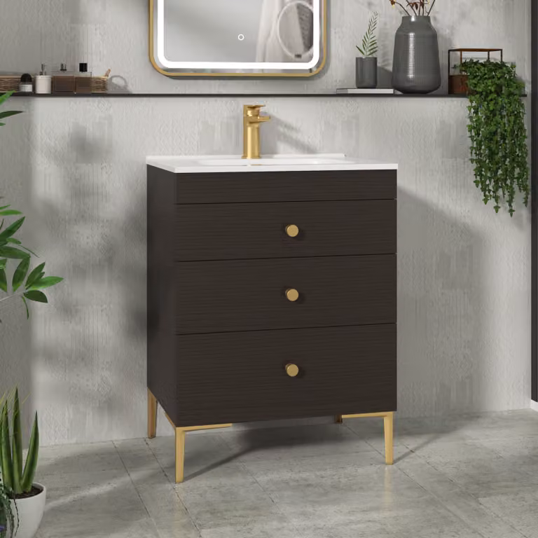 Royal Bathrooms Verona 600mm Walnut Woodgrain 3 Drawer Floor Standing Vanity Unit with Ceramic Basin and Brushed Brass Knob