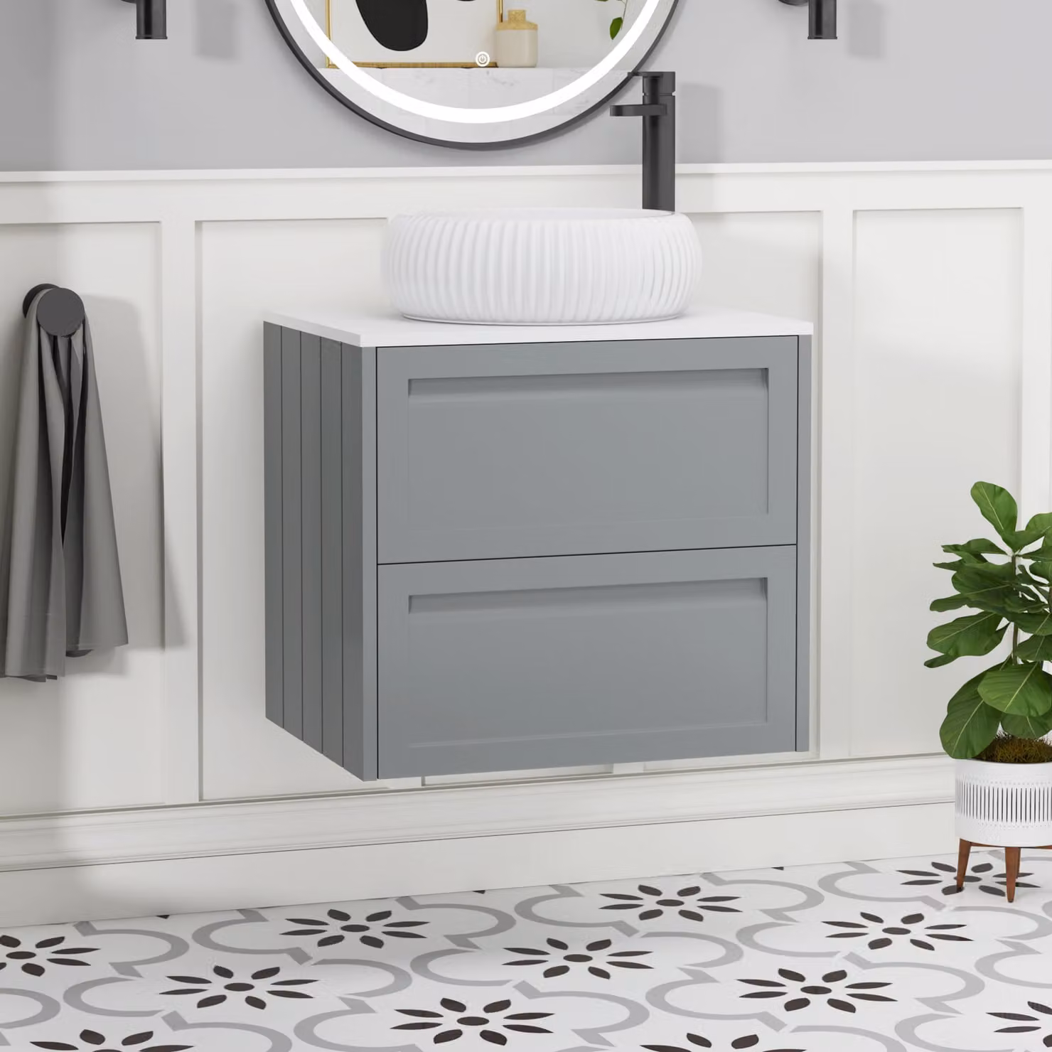 Royal Bathrooms Elmore Wall Hung Vanity Unit with Milan Basin, Matt Pebble Grey and Plain White Worktop, 600mm