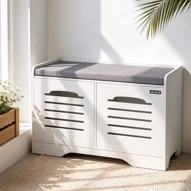 EONLION White Wooden Shoe Storage Cabinet with Integrated Seat and Tilting Compartments, Width: 100 cm, Height: 32 cm, Depth: 32 cm