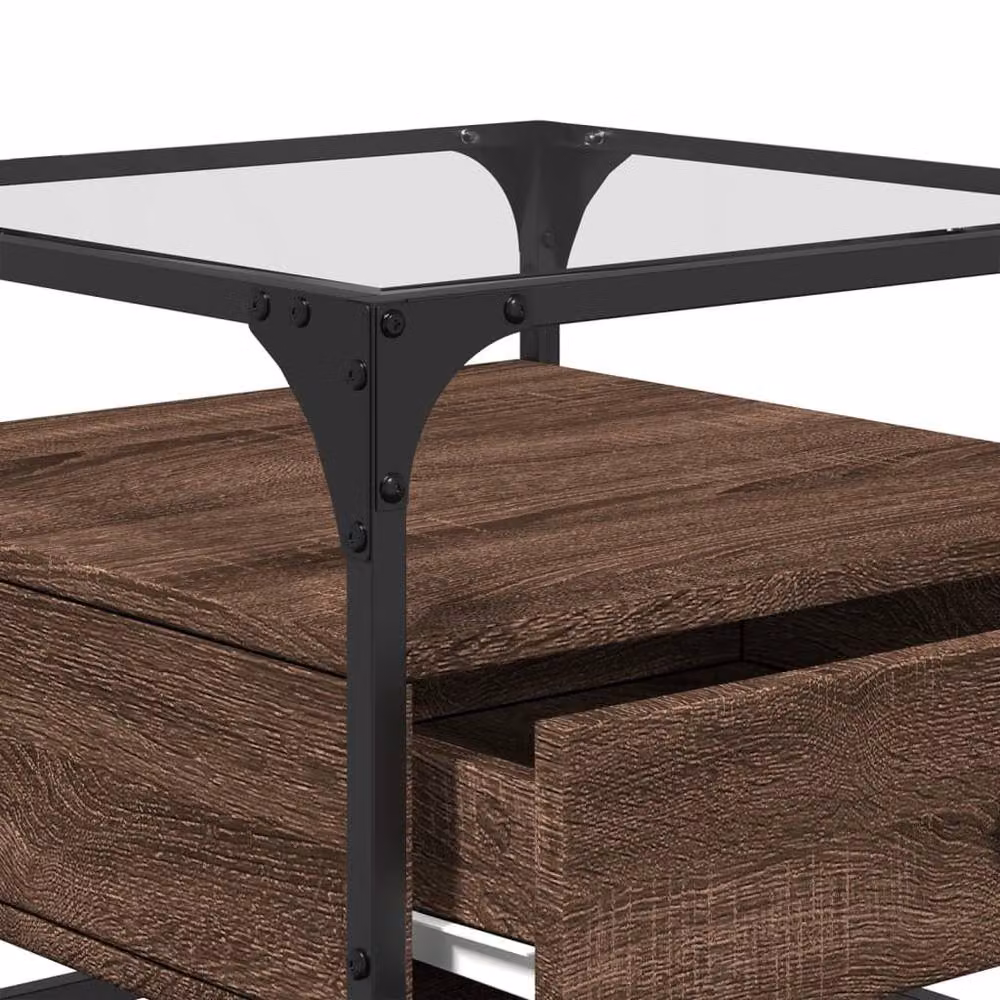 Berkfield Home Coffee Table with Glass Top in Brown Oak and Steel, W/D/H: 50 x 50 x 45 cm – 4