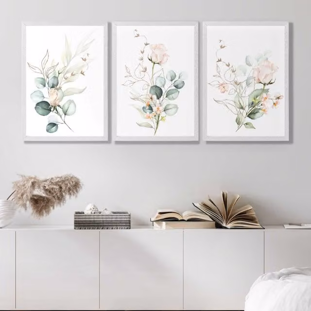 ARTZE Set of 3 Pink Floral Rose Wall Art Prints with White Frames, A4 Size (29.7 x 21.0 cm)