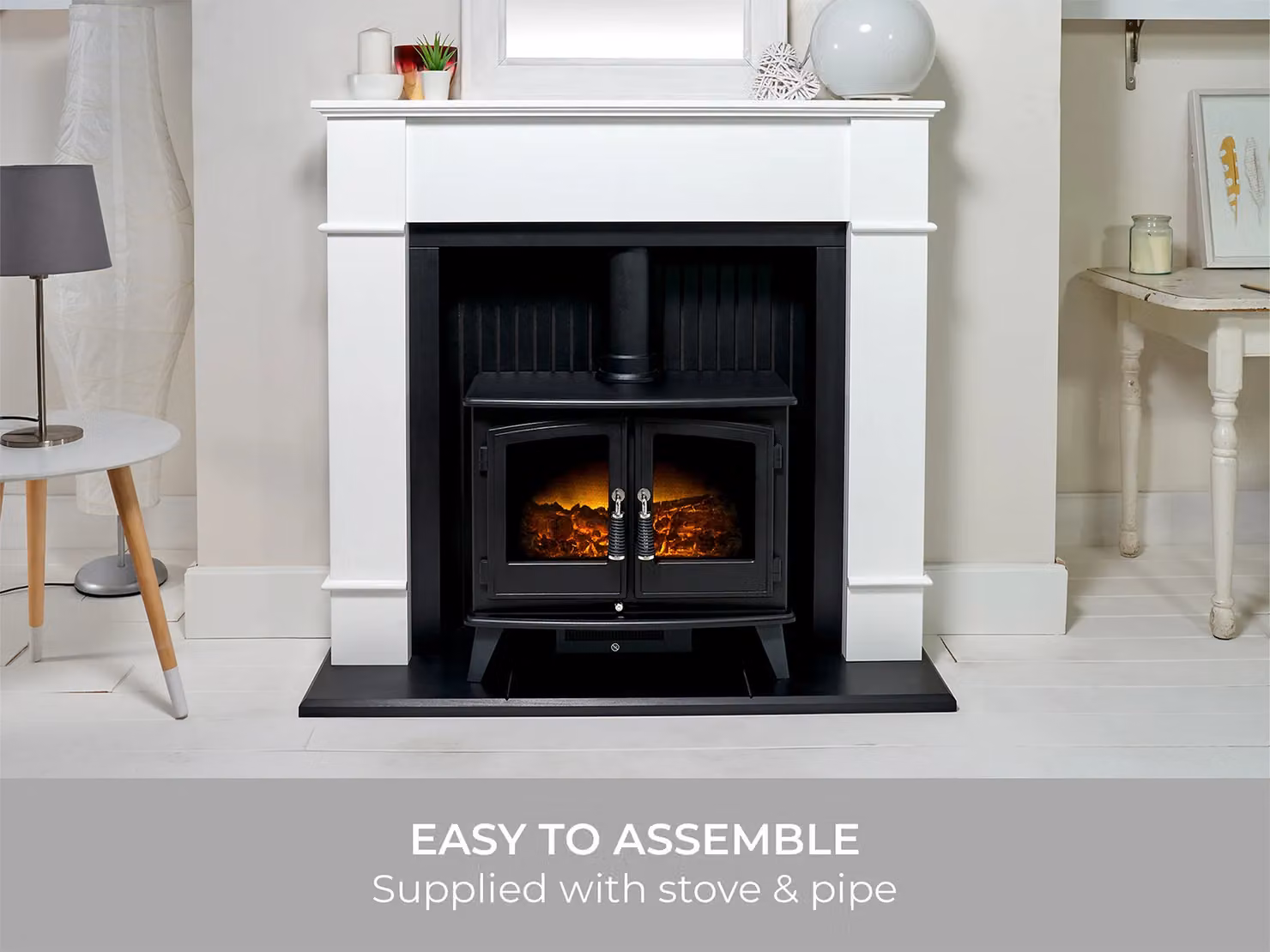 Adam Fires & Fireplaces Oxford Stove Fireplace in Pure White with Woodhouse 48 Inch Black Electric Stove – 4