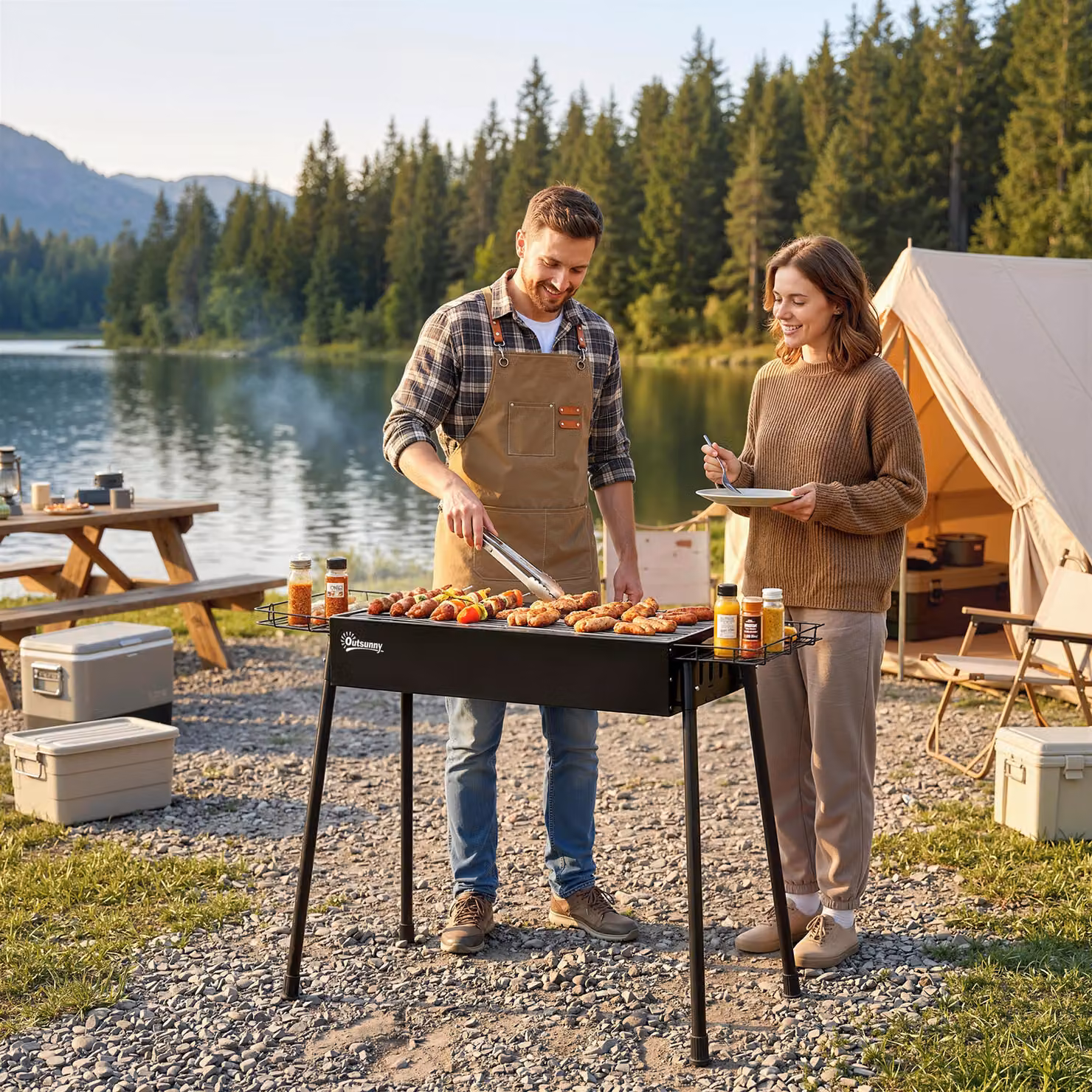 Outsunny Portable Charcoal BBQ Grill with Seasoning Baskets in Black – 8