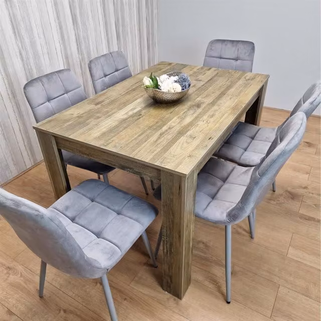 Kosy Koala Dining Table Set with 6 Grey Velvet Chairs and Rustic Brown Wood Effect Table