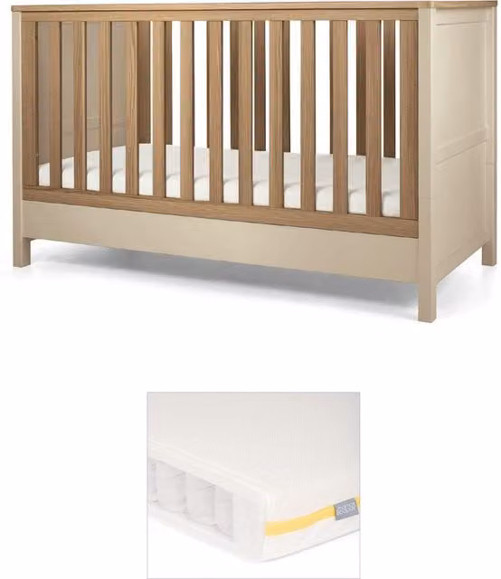 Mamas & Papas Harwell Cotbed and Essential Airflow Pocket Spring Mattress Bundle, Beige, W/D/H: 140 x 70 cm