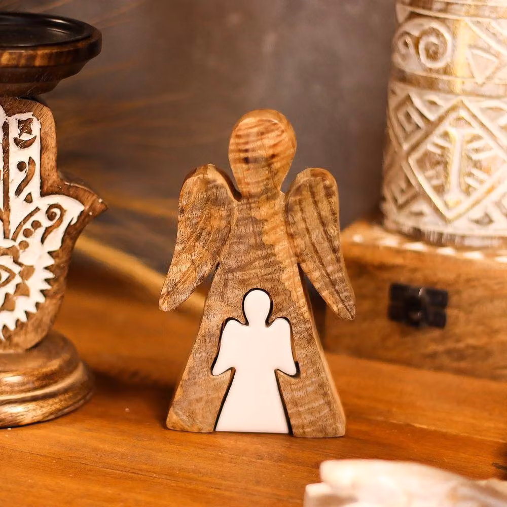 Serenityy Mango Wood Embracing Angels Figurine, White Enamel, W/D/H: 9 x 3 x 15 cm – 3