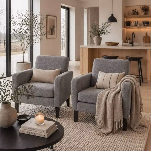 Wyld Haus Sesuma Set of 2 Modern Grey Fabric Accent Armchairs with Black Rubberwood Legs