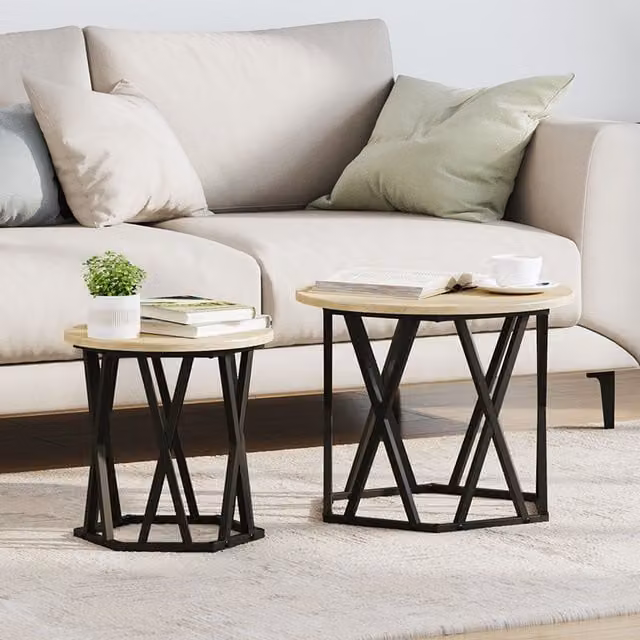 Berkfield Home Nesting Side Tables, 2 Piece Set in Sonoma Oak and Brown Engineered Wood with Round Tops – 1