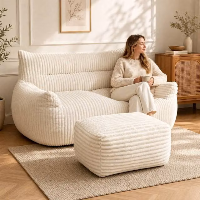 STILVORA 2-Seater Upholstered Corduroy Sofa in White with Matching Ottoman