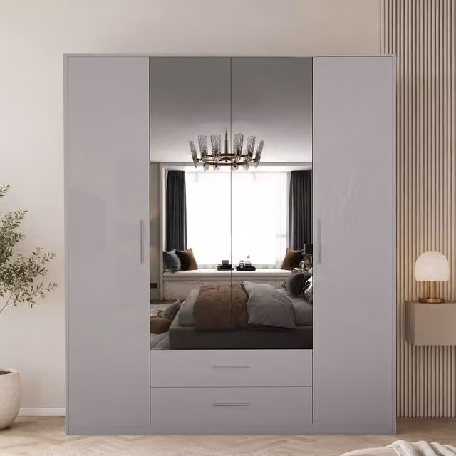 Swindon Gloss White and Matt White 4 Door Wardrobe with Mirror and 2 Drawers