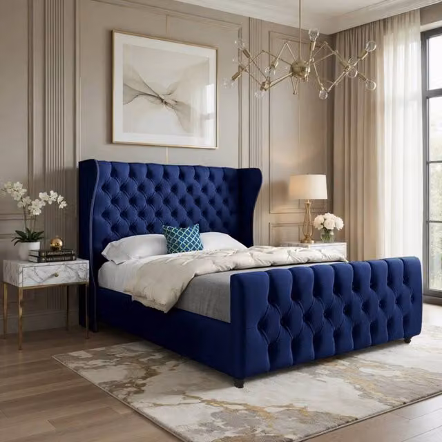 Casani Horley King Size Upholstered Velvet Bed Frame in Blue