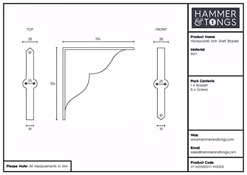 Hammer and Tongs Honeycomb Iron Wall Mounted Shelf Brackets, Black Matt, Pack of 2 – 5