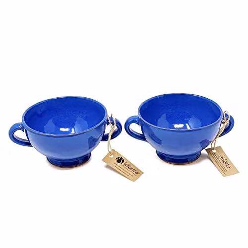 Verano Spanish Ceramics Selena Glazed Hand Dipped Blue Ceramic Soup Bowls, Set of 2, H: 9.5 cm, W: 14 cm – 2