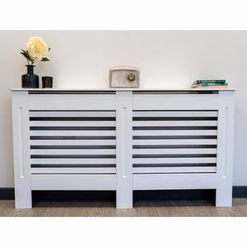 Airwave Horizontal Line Style Radiator Cover in White Painted MDF, W/D/H: 152.0 x 19.0 x 81.5 cm