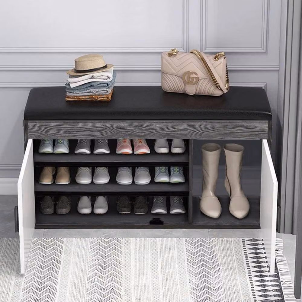 EONLION Modern White and Grey Wood-Grain Shoe Storage Bench, Width: 100 cm – 3