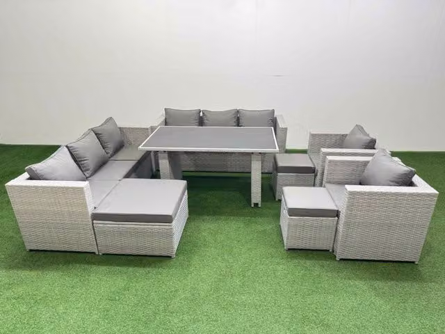 Fimous 11 Seater Outdoor Dining Set with 3 Seater Sofa, 3 Stools and Dining Table in Light Grey