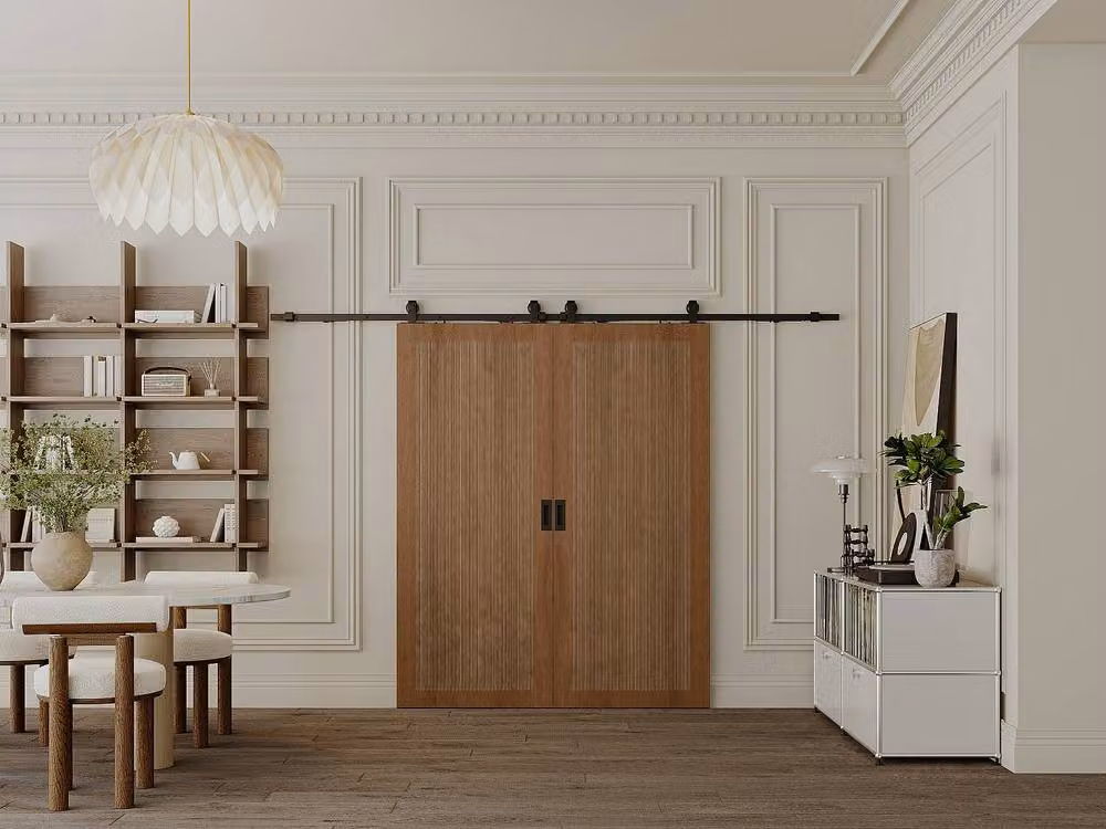Vente-unique Modern Double Sliding Door in Dark Natural Walnut Wood and MDF, Flush Mount, Reversible, Brown and Black – 2