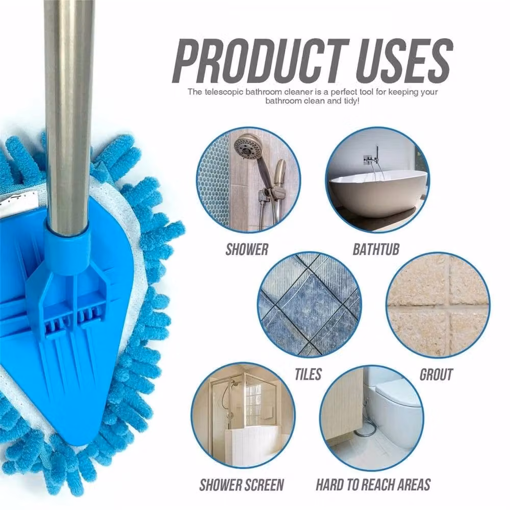 VOGREX Blue Bathroom Mop and Shower Screen Cleaning Kit with Refillable Microfibre Head and Stainless Steel Components – 3