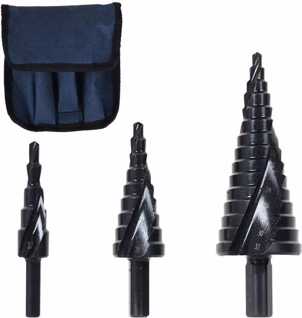 Kelvenix 3-Piece Large HSS Titanium Coated Step Cone Drill Bit Set in Black