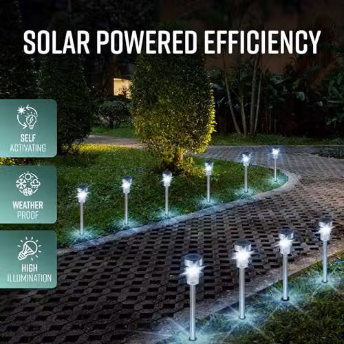 Globrite Pack of 10 Silver Stainless Steel LED Solar Garden Lights with Ground Spike and Warm White Dusk Sensor Light Effect – 4