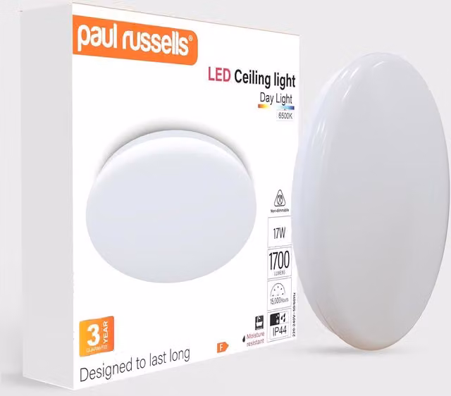 Paul Russells 17W LED Round Ceiling Downlight, 1700 Lumens, 6500K Daylight, White, IP44