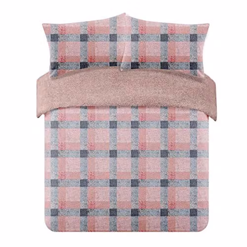 Dreamscene Check Teddy Fleece Duvet Cover and Pillowcase Set, Pink and Grey, W/D/H: 230 x 220 x 180 cm