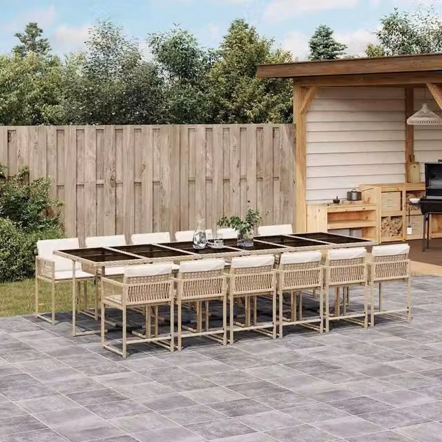 Berkfield Home 13 Piece Beige Poly Rattan Garden Dining Set with Cushions and Glass Tabletop – 1