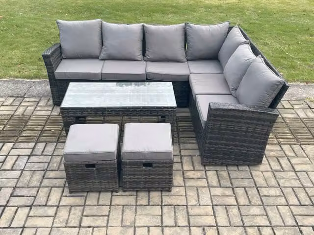 Fimous Rattan Garden Corner Sofa Set with Table and 2 Footstools, Dark Grey