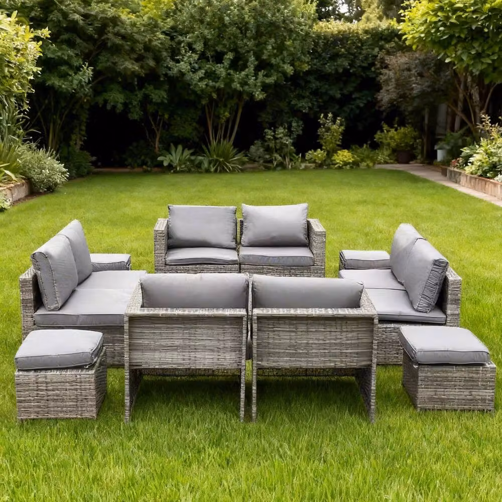 FURNITURE ONE 14 Piece Grey PE Rattan Garden Sofa Set for 12 Adults with Upholstered Cushions and Coffee Table – 2