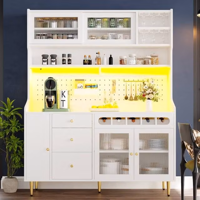 Merax Modern White Kitchen Dresser with LED Lighting, Glass Doors and Bottle Rack, H: 171 cm, W: 39 cm, D: 145 cm