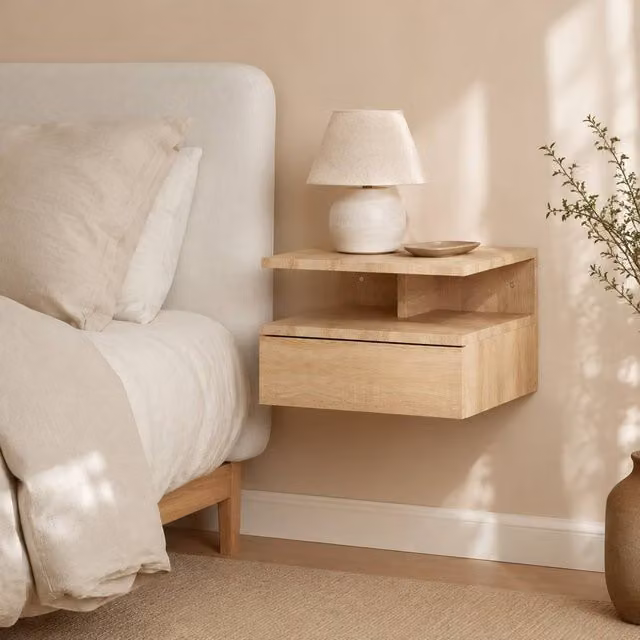 STILVORA Set of 2 Wall Mounted Floating Bedside Tables with Drawer and Shelf in Light Oak – 1