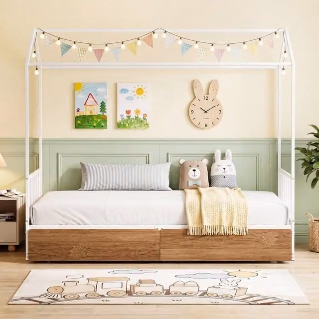 KORVIXA Single Size House Shaped Metal Bed Frame with Drawers in White