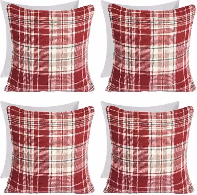 Pack of 4 OHS Dorset Woven Check Filled Square Cushions in Red