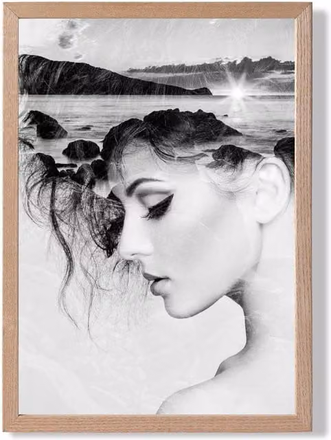 ARTZE Abstract and Beach Fashion Black and White Framed Photo Print with Oak Wood Frame
